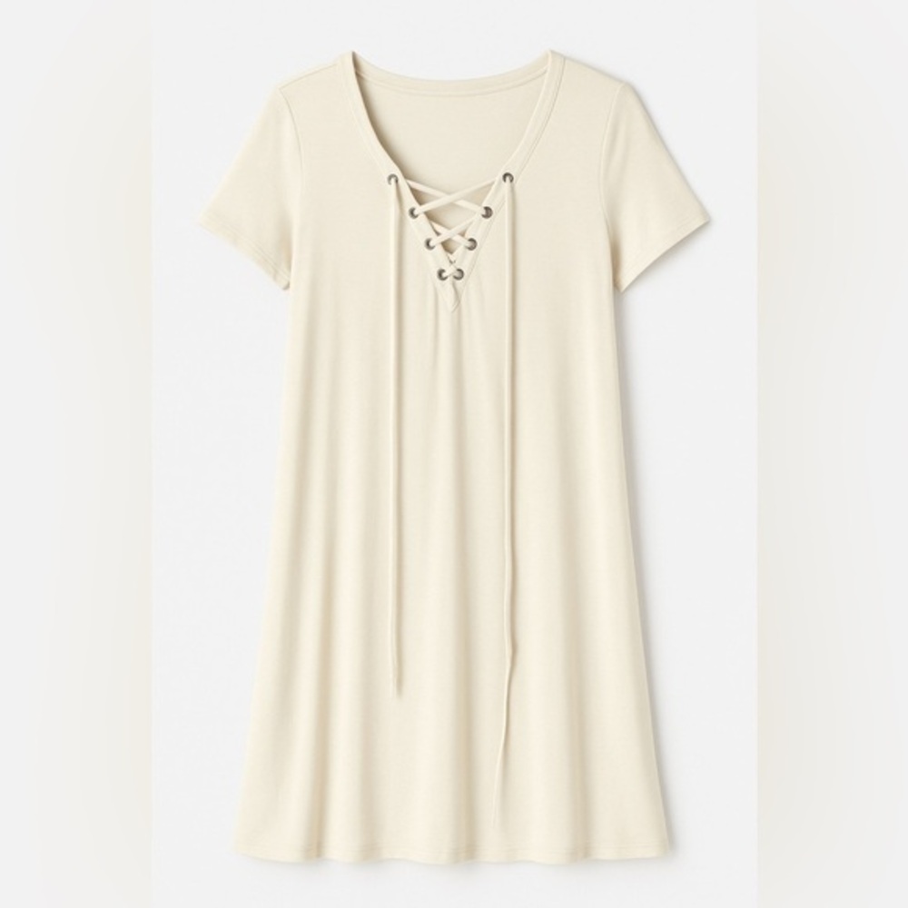 Ivory Lace Up Silver Grommet Eyelet Tunic Top Mini Dress Umgee EUC L #1597